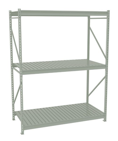 A gray metal storage shelf with three tiers, featuring slatted surfaces and sturdy support beams on the sides. The shelf is empty and stands against a plain white background.