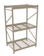 A beige, three-tier metal storage rack stands against a white background. Each level has a wire mesh surface, supported by sturdy vertical and horizontal beams. The structure appears industrial and is suitable for heavy-duty storage.
