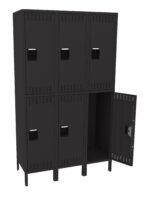 A black metal locker unit with six compartments, arranged in two rows of three. Five locker doors are closed while one in the bottom row is open, showing an empty interior. Each door features a black recessed handle.