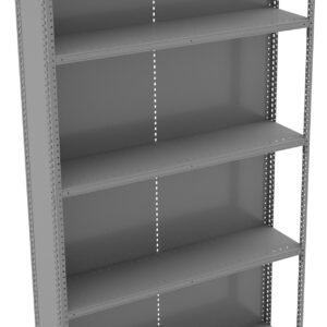 A gray metal shelving unit with five adjustable shelves. The shelves are empty, and the unit has perforated sides for adjustable shelf placement.