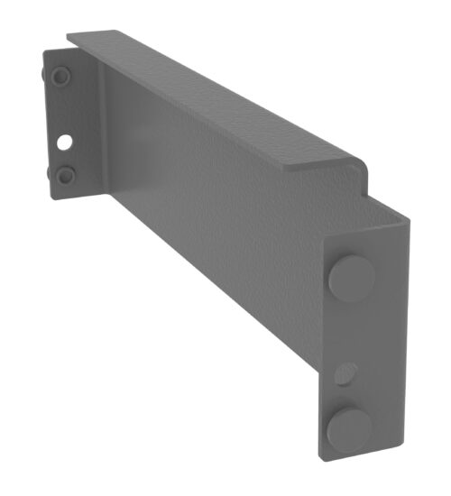 A gray metal bracket with pre-drilled holes for mounting. It features two large protruding cylindrical pegs and a textured surface. The bracket has a flat top and bottom with right-angled sides for attachment.