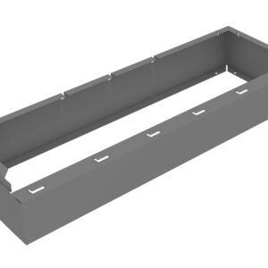 Gray rectangular metal bracket, open at the top, with multiple notches and cutouts along the sides. The object rests on a plain white background.