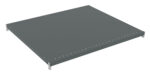 A flat, rectangular, dark gray metal shelf with slightly raised edges, viewed from an angle against a plain white background. The shelf has small holes along the side edges for mounting or assembly.