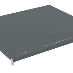 A flat, rectangular, dark gray metal shelf with slightly raised edges, viewed from an angle against a plain white background. The shelf has small holes along the side edges for mounting or assembly.