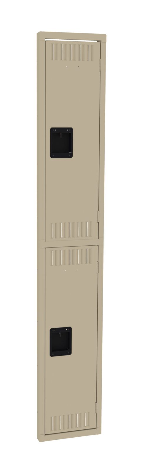 k4dophjbnd6bfzihnymp.jpg A beige metal locker with two vertically stacked compartments, each fitted with a black rectangular handle. The locker features small ventilation slots near the top and bottom edges. It is positioned against a plain white background.