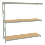A metal shelving unit with three wooden shelves. The frame is light gray and the shelves are rectangular and evenly spaced. The top shelf is slightly out of alignment, giving the unit an asymmetrical look.