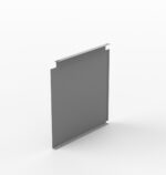 A rectangular, flat, gray metal panel with tabs or extensions on the top and bottom edges stands upright against a plain white background. The panel appears industrial or mechanical in design.