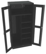 A tall, black metal storage cabinet with two open transparent doors. Inside, there are multiple adjustable shelves on the right and a larger space on the left, allowing for various storage configurations.