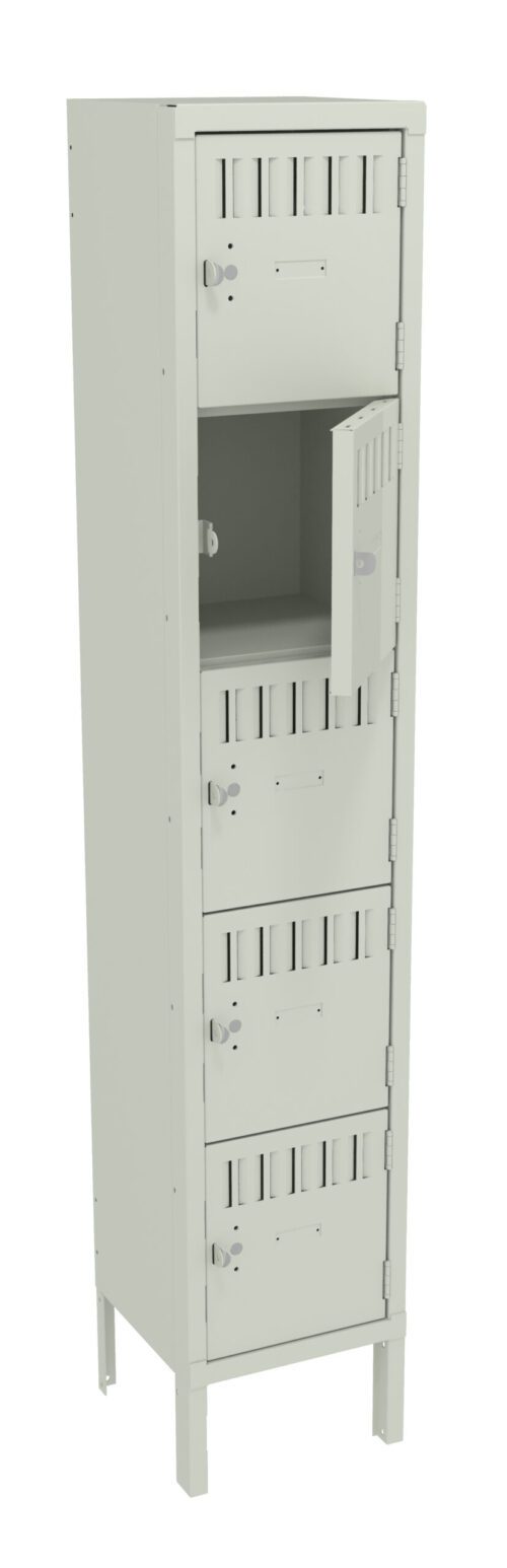 k5balmtxnscpryd1qjxc.jpg A tall, light gray metal locker with four compartments and small vents on each door. The second compartment from the top is open, showing an empty interior. The locker stands on four leg supports.