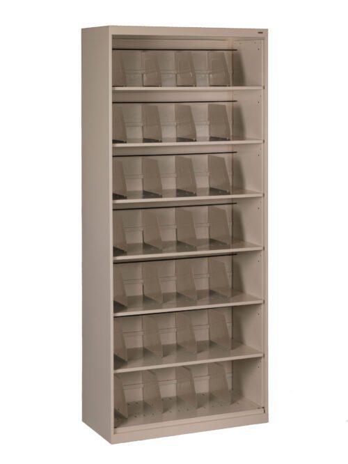 A beige metal shelving unit with six shelves, each containing multiple clear plastic dividers or holders. It is empty and stands against a plain white background.
