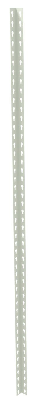 A long, white metal angle bracket with evenly spaced circular holes along its length. The bracket is shown against a plain background, highlighting its slender and straight form.