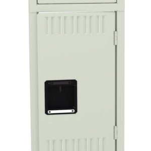 A vertical stack of three light gray metal lockers, each with a black rectangular handle and vented slots near the top and bottom. The lockers are aligned in a single column.