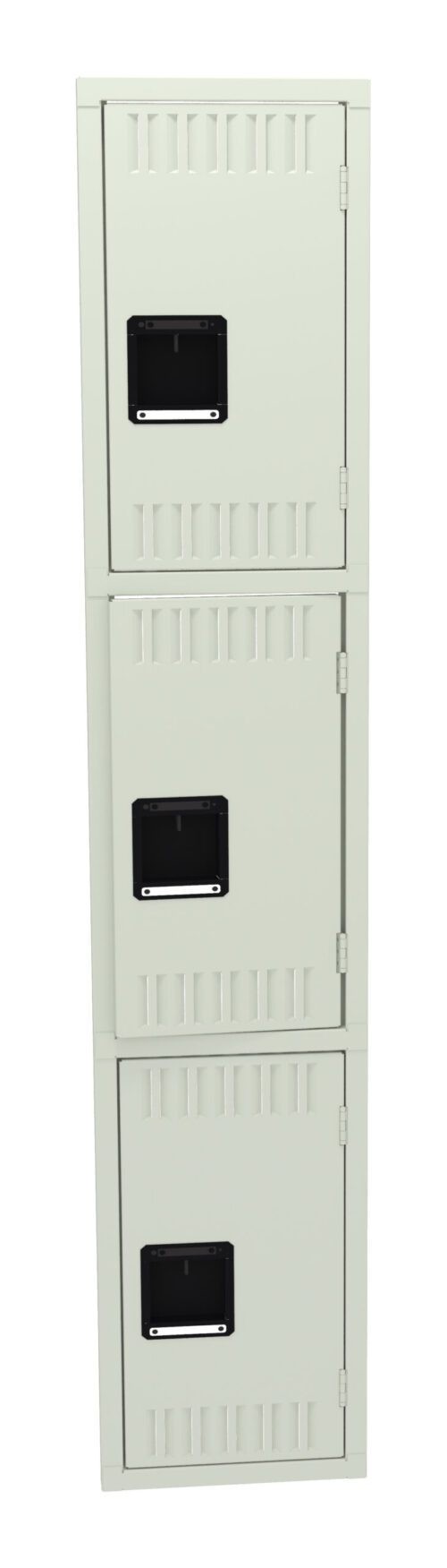 A vertical stack of three light gray metal lockers, each with a black rectangular handle and vented slots near the top and bottom. The lockers are aligned in a single column.