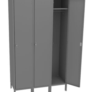 Gray metal locker with three compartments, each having a door. The middle door is open, revealing an interior with a hanging rod and a shelf above. The locker stands on small legs, and the other two doors are closed.