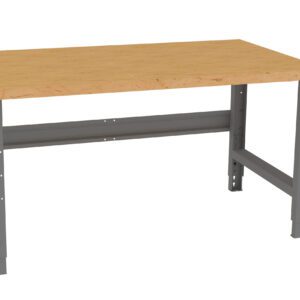 A sturdy workbench featuring a flat wooden top and a gray metal frame. The bench is designed for heavy-duty tasks, with adjustable steel legs for varying heights. The simple design makes it suitable for workshops or garages.