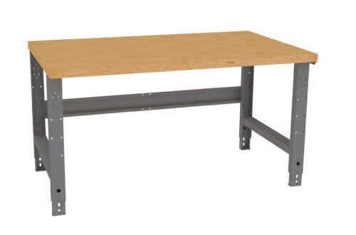 k6qxnv47ydo9hjivwtin.jpg A sturdy workbench featuring a flat wooden top and a gray metal frame. The bench is designed for heavy-duty tasks, with adjustable steel legs for varying heights. The simple design makes it suitable for workshops or garages.