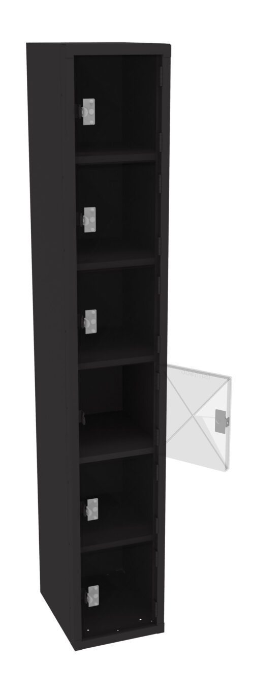 Tall black storage cabinet with six vertical compartments and a partially open transparent door on one section. The interior is empty, and each compartment has its own door latch.