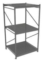A gray, three-tier metal shelving unit with slatted shelves and support beams on the sides and back. The shelves are evenly spaced, and the structure is sturdy, designed for storage.