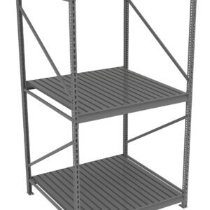 A gray, three-tier metal shelving unit with slatted shelves and support beams on the sides and back. The shelves are evenly spaced, and the structure is sturdy, designed for storage.