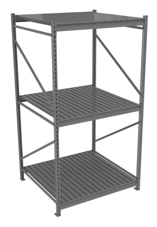 A gray, three-tier metal shelving unit with slatted shelves and support beams on the sides and back. The shelves are evenly spaced, and the structure is sturdy, designed for storage.
