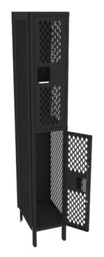 A tall black metal locker with a mesh design. It features two compartments: an upper closed compartment and a larger lower compartment with its door open, revealing the interior space. Both sections have handles and vented doors.