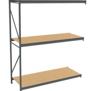 A metal shelving unit with three wooden shelves. The unit has a simple, industrial design with a steel frame. The shelves are evenly spaced, providing ample storage space. The image shows a side view of the shelving unit.
