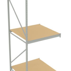 A metal shelving unit with three levels and particle board shelves. The structure includes steel beams and cross braces for support. The shelves are evenly spaced and the design is simple, suitable for storage or organizational purposes.