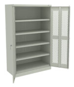 A gray metal storage cabinet with perforated doors is open, revealing five empty shelves. The cabinet has a sleek handle on the left door and a plain design.