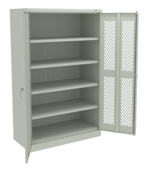 k8bjqx4vvnhfjsjguvbt.jpg A gray metal storage cabinet with perforated doors is open, revealing five empty shelves. The cabinet has a sleek handle on the left door and a plain design.
