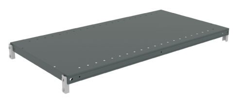 A rectangular, dark gray metal shelf, viewed at an angle. The shelf has evenly spaced holes along the edges and is supported by small silver brackets at each corner.