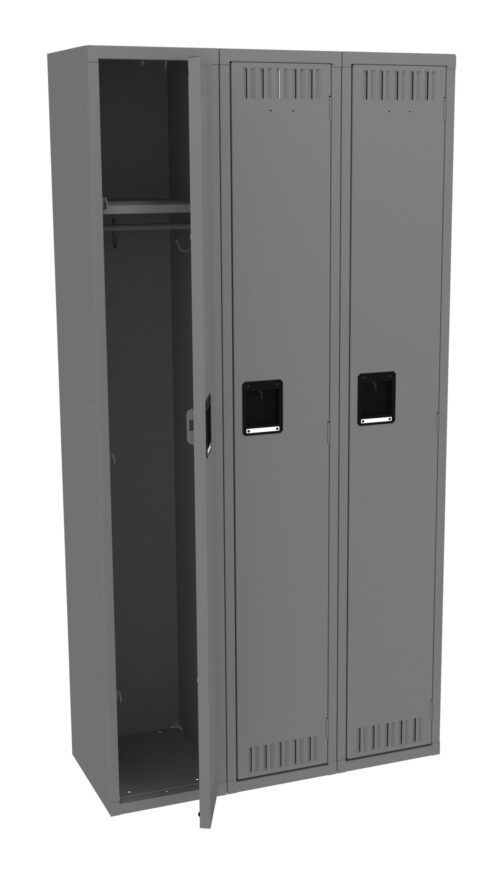 k8u7lks8k9fij0mwjbxp.jpg A set of three gray metal lockers, two with closed doors and one with an open door. Inside the open locker, a shelf and a hanging rod are visible. Each locker has a rectangular handle and ventilation slots at the top and bottom.