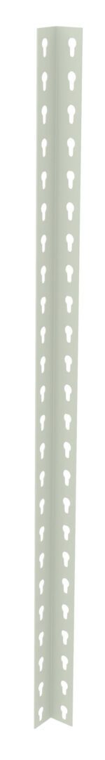 A white plastic corner bead with a right angle, featuring a series of small, evenly spaced holes along both sides.