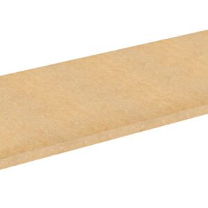 A rectangular piece of MDF board with a smooth, light brown surface. It is shown at an angle, highlighting its thickness and edges against a plain white background.