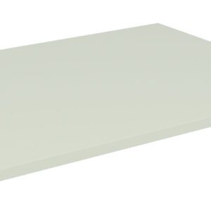 A flat, rectangular, light gray metallic shelf on a white background, viewed at a slight angle from above.