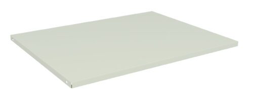 k9ojpl5liev2tptotmqt.jpg A flat, rectangular, light gray metallic shelf on a white background, viewed at a slight angle from above.