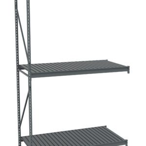 A gray metal shelving unit with three adjustable shelves. The design features a sturdy frame with perforated support beams and slatted shelves, suitable for storage and organization in industrial or garage settings.
