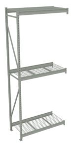 A metal shelving unit with three levels and a grid design. Its designed for storage and is supported by vertical beams. The shelf is empty and has a simple industrial look.