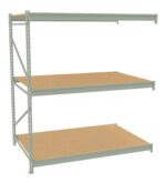 A three-tiered metal shelving unit with a light gray frame and brown wooden shelves. It is positioned at an angle, showing the right side and front, with each shelf evenly spaced. The unit is empty and located against a white background.