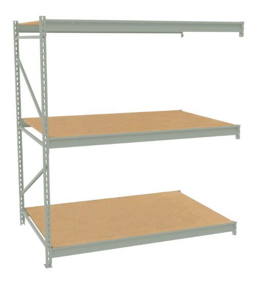A three-tiered metal shelving unit with a light gray frame and brown wooden shelves. It is positioned at an angle, showing the right side and front, with each shelf evenly spaced. The unit is empty and located against a white background.