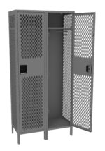 A gray metal locker with a diamond-patterned mesh design. It has two sections; one door is open, revealing a rod for hanging items and a bottom shelf. The other section is closed.