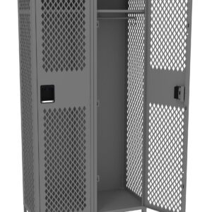 A gray metal locker with a diamond-patterned mesh design. It has two sections; one door is open, revealing a rod for hanging items and a bottom shelf. The other section is closed.