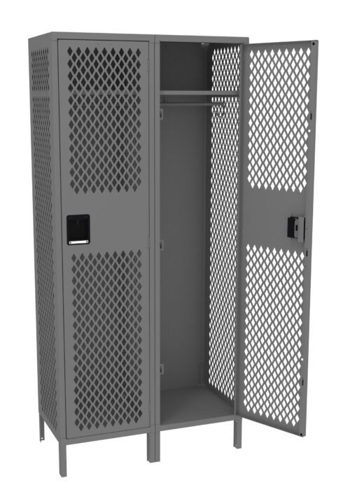 kauwczs6ck6k4rf2e564.jpg A gray metal locker with a diamond-patterned mesh design. It has two sections; one door is open, revealing a rod for hanging items and a bottom shelf. The other section is closed.