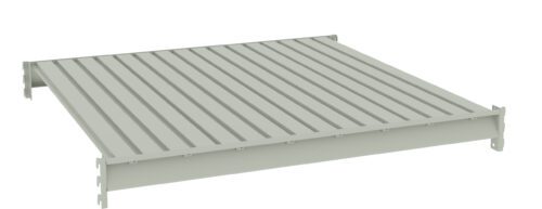 A 3D illustration of a flat, rectangular metal grating platform with evenly spaced parallel ridges. It is shown in a light gray color against a plain white background.