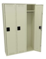 A light beige metal locker with three compartments, each with a black handle. The rightmost door is open, showing an interior shelf and hanging rod. The locker stands on a plain white background.