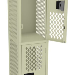 A beige metal locker with a perforated design is shown. It has two compartments, each with a door featuring a rectangular handle. The top door is open, while the bottom door is closed.
