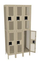 A beige metal locker set with six compartments. Each locker door has a crisscross mesh design. The bottom right door is open, revealing an empty interior.