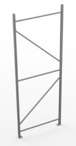 A tall, metal storage rack frame stands against a plain white background. It has vertical beams with evenly spaced holes and diagonal crossbars providing stability. The frame is gray and lacks shelves.