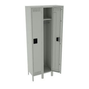 Gray metal locker with two open doors. The left compartment has a shelf and hanging rod, while the right compartment is empty with only a hanging rod. Both doors have black handles, and the locker stands on four legs.
