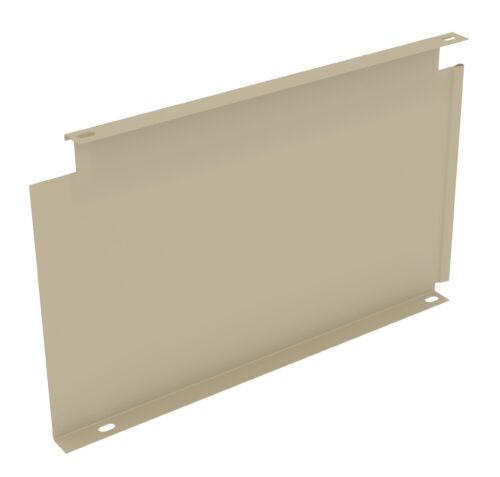 kchozvk654qcbw1gwf11.jpg A beige metal panel with a rectangular shape and a folded edge on the top. It has two small holes on the bottom corners and a curved design on the side. The surface is smooth and uniform.