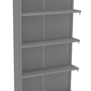 A tall, gray metal shelving unit with five evenly spaced shelves. Each shelf is adjustable and the structure is supported by perforated side panels for flexibility. The unit is empty and stands against a plain white background.